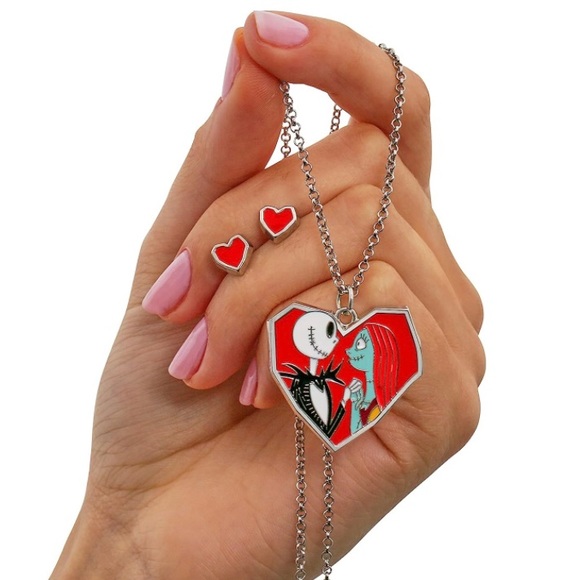 Jack Sally Skellington Heart Necklace Earrings Set Nightmare Before Christmas - Picture 2 of 9